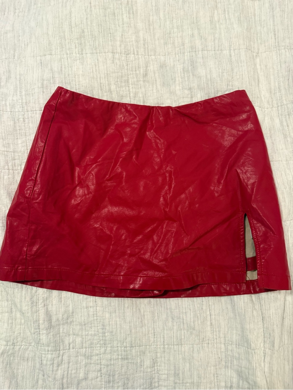 Red Faux Leather Mini Skirt with Side Slit
